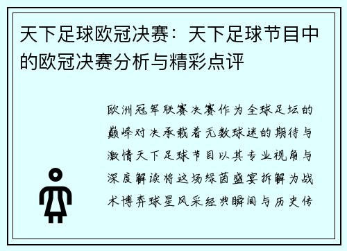天下足球欧冠决赛：天下足球节目中的欧冠决赛分析与精彩点评