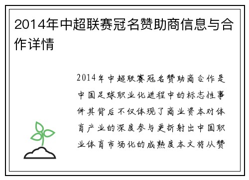 2014年中超联赛冠名赞助商信息与合作详情